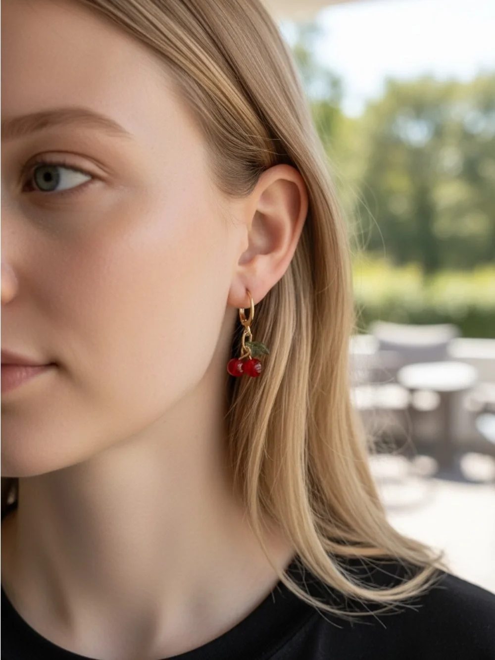 Gold Cherry Drop Earrings — Red Cherry Dangle